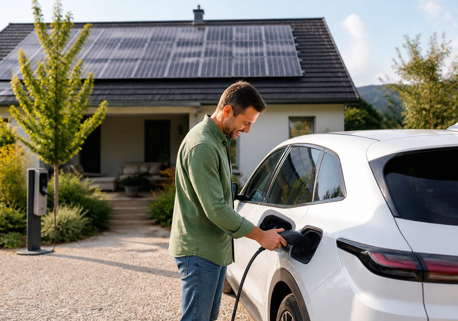 Električno vozilo koje se puni ispred kuće sa solarnom elektranom